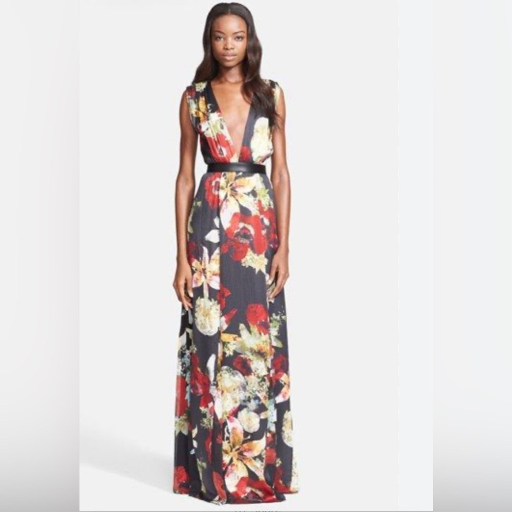 Alice + Olivia “Triss” leather trim maxi dress 4. Excellent condition.